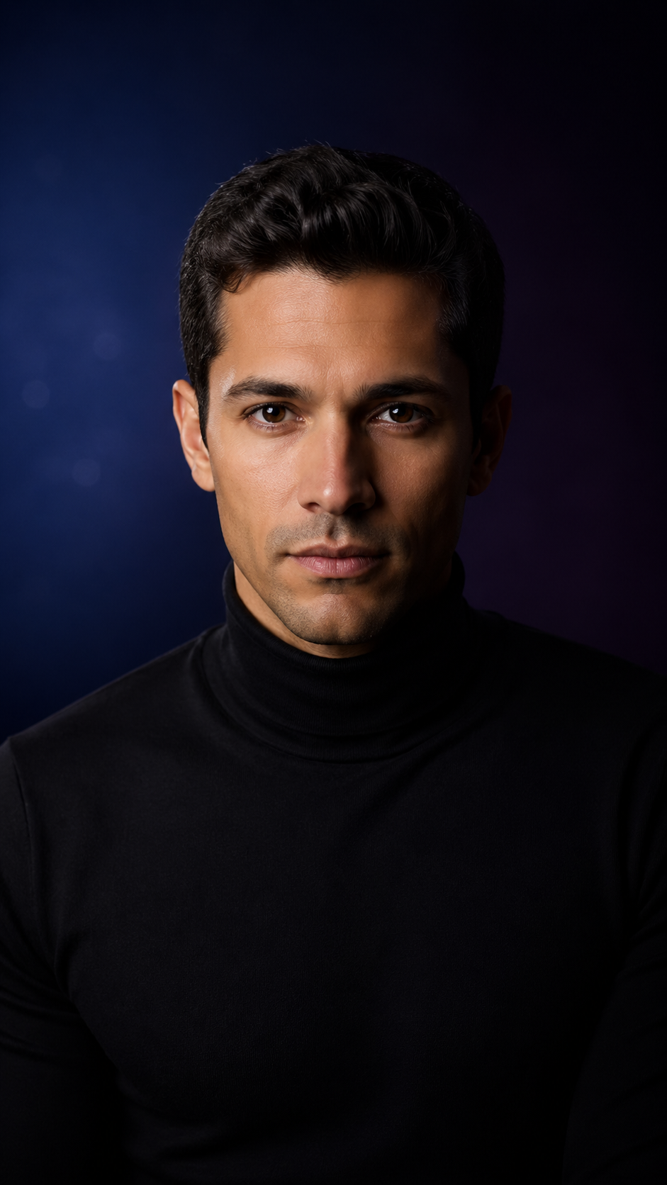 Avatar talking head con turtleneck negro sobre fondo violeta cinematográfico